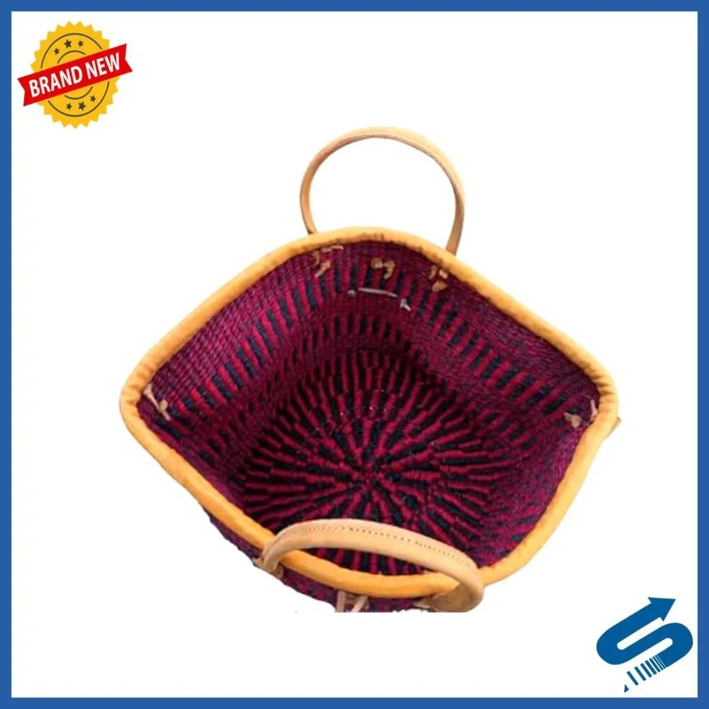 Handwoven Sisal Tote Bag Leather Handles Button Closure Boho Summer Beach Purse
